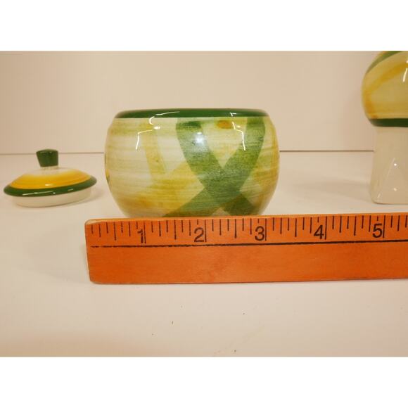 Vernonware Gingham Green Lidded Sugar Bowl And Creamer Set Hand Painted Vintage - Picture 10 of 13